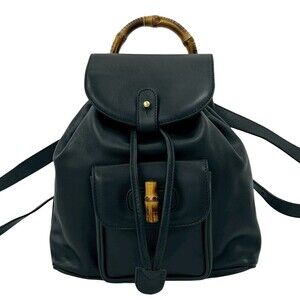 GUCCI (Old Gucci) Vintage Bamboo Leather Backpack Mini Navy Blue ni3-1